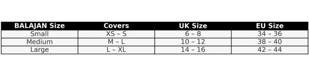 Size chart for BALAJAN products showing covers, UK size, and EU size correlations.